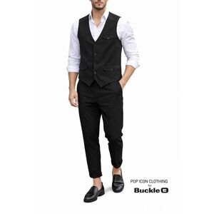 Pop Icon Clothing Vest Mens XL Black Pinstripe Vest  Plaid Lined‎ V-Neck Buttons